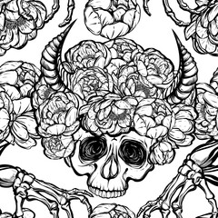 Vector illustration. wreath of peony flowers, eyes, horns, skull, mysticism, prints on T-shirts. background white. Handmade. seamless pattern, light background