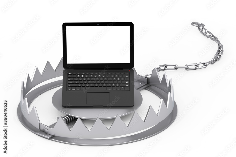 Poster metal bear trap and modern laptop computer with white screen for your design. 3d rendering