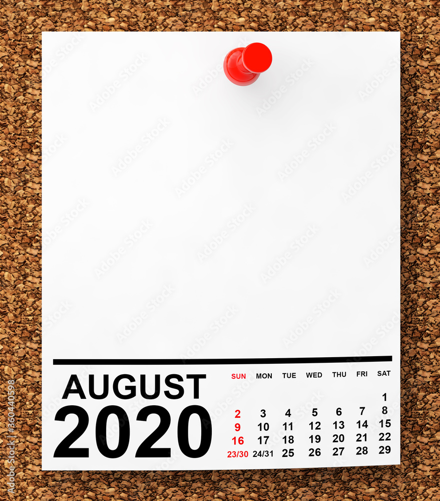 Aufkleber calendar august 2020 on blank note paper. 3d rendering