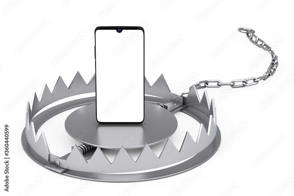 Aufkleber Metal Bear Trap with Modern Mobile Phone with Blank Screen for Your Design. 3d Rendering