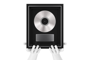 Abstract Mannequin Hands Holding Platinum or Silver Vinyl or CD Prize Award with Label in Black Frame. 3d Rendering