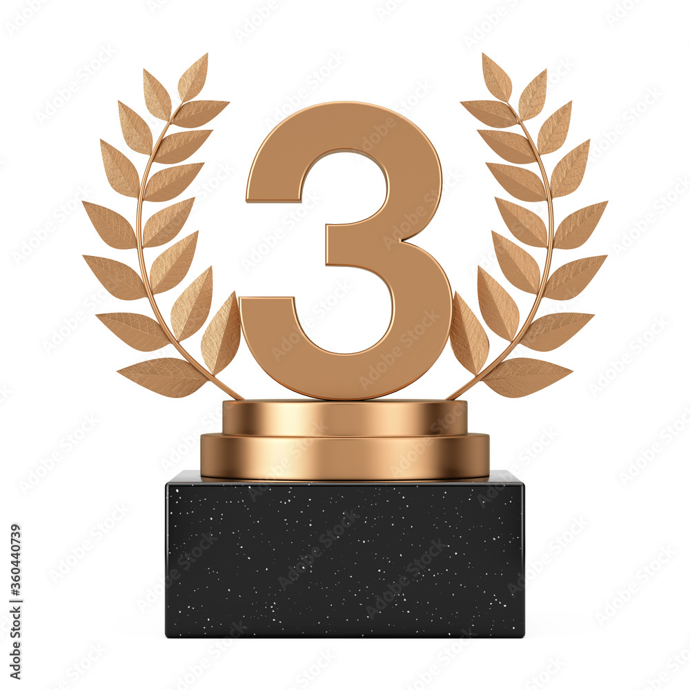 Aufkleber winner award cube bronze laurel wreath podium, stage or pedestal with bronzer number three or third 