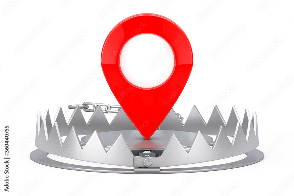 Poster metal bear trap with red map pointer target pin. 3d rendering