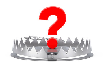 Metal Bear Trap with Red Question Mark. 3d Rendering