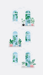 Houseplants on the balcony. Room full of plants, view through the door. Urban jungle concept. Apartment house facade