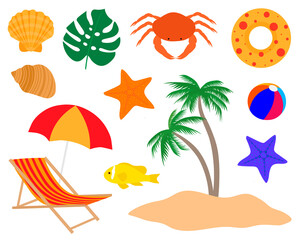 Fototapeta na wymiar Set summer sea beach palm trees swimsuit sunglasses cream fish shells starfish crab umbrella vector illustration