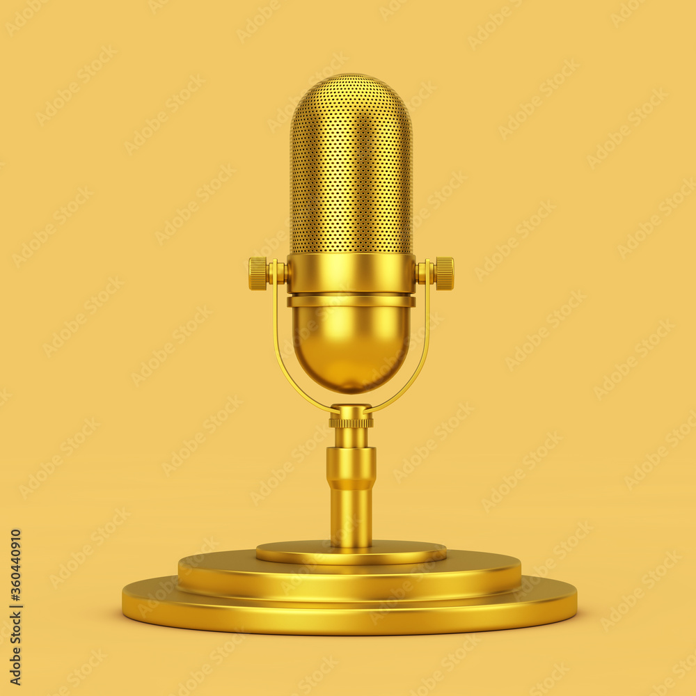 Poster golden retro microphone on a golden pedestal. 3d rendering