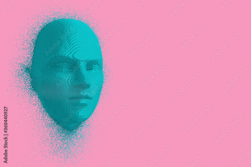 Poster abstract blue cubes human head and face in duotone style. 3d rendering