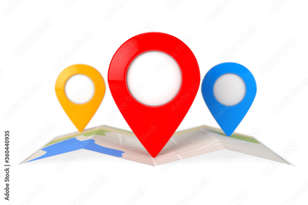 Poster folded abstract navigation map with three target map pointer pins. 3d rendering