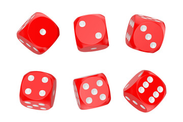 Casino Gambling Concept. Set of Red Game Dice Cubes in Differetn Positions. 3d Rendering
