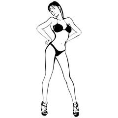 Sexy young girl in a bikini and high-heeled shoes. Woman with beautiful long legs. Isolated vector.