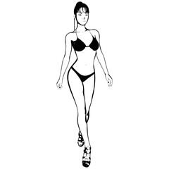 Sexy young girl in a bikini and high-heeled shoes. Woman with beautiful long legs. Isolated vector.
