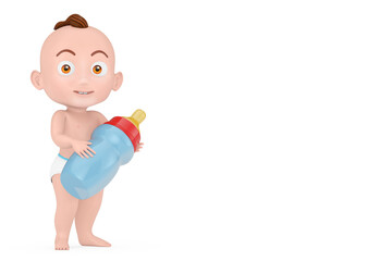 Cartoon Cute Baby Boy with Baby Milk Bottle. 3d Rendering