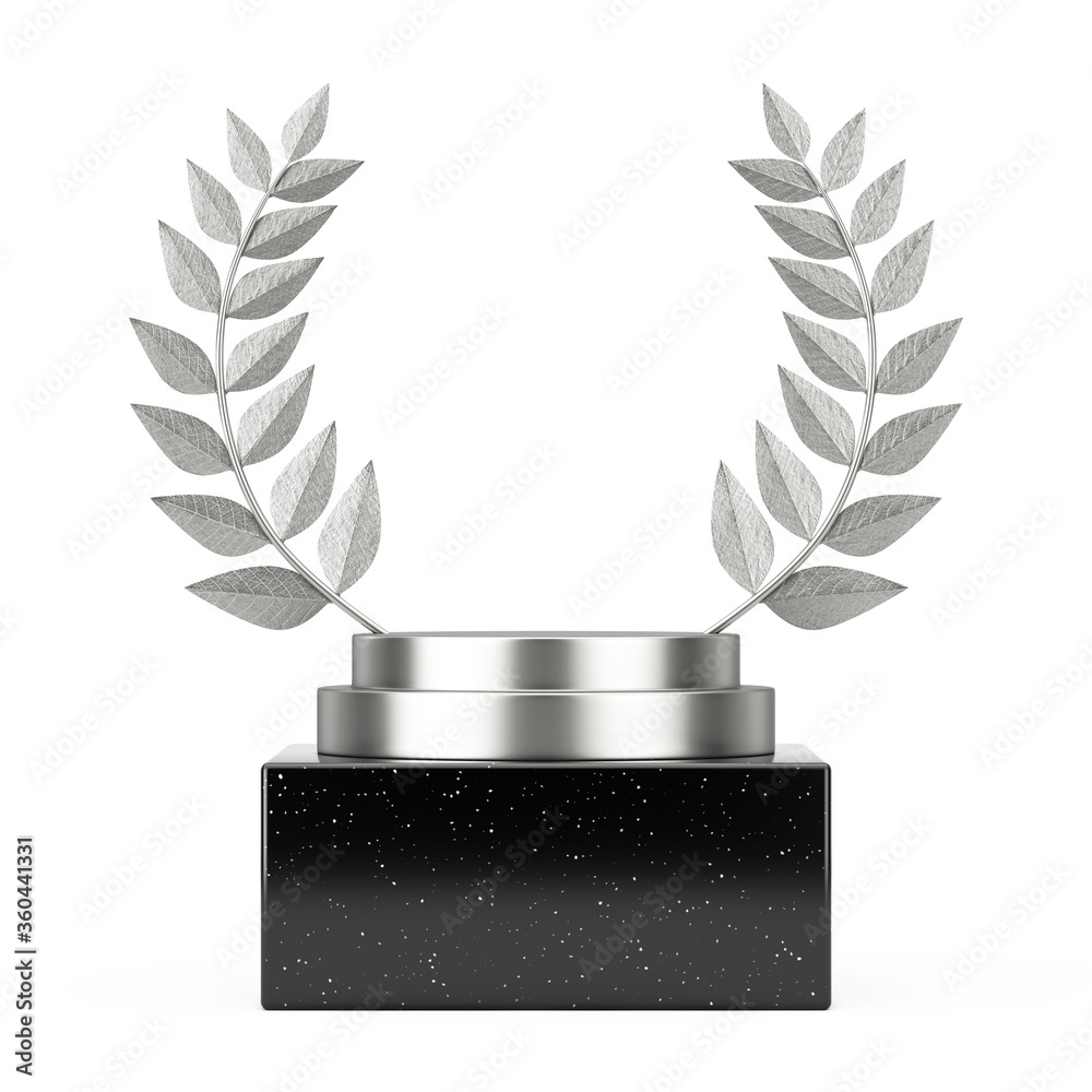 Aufkleber empty winner award cube silver laurel wreath podium, stage or pedestal with free space for your desi