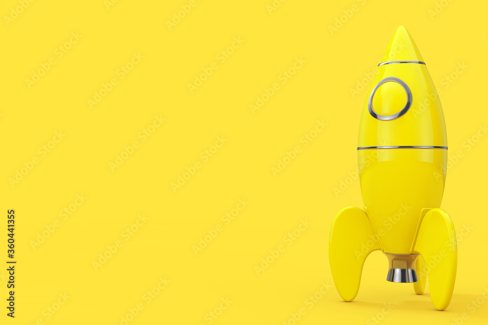 Poster yellow childs toy rocket in duotone style. 3d rendering