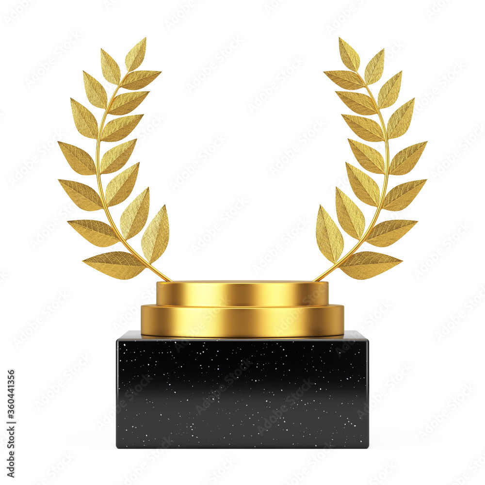 Aufkleber empty winner award cube gold laurel wreath podium, stage or pedestal with free space for your design