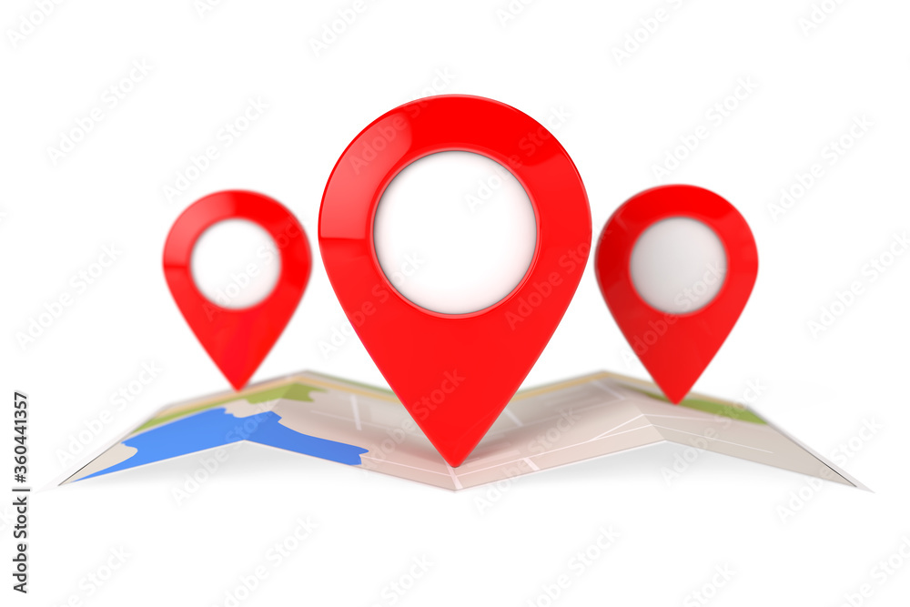Poster folded abstract navigation map with three target map pointer pins. 3d rendering