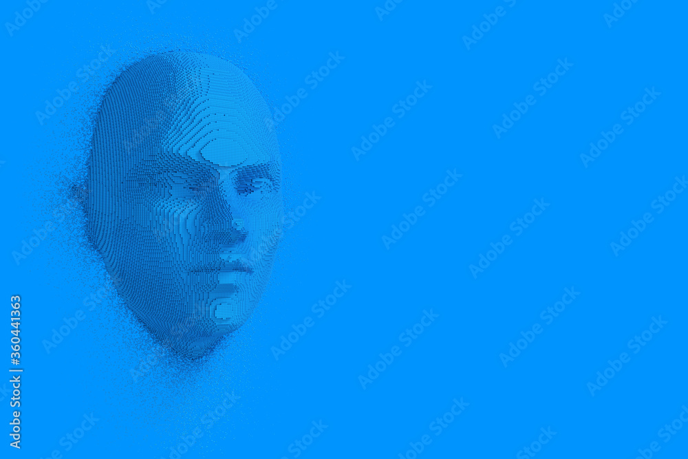 Poster abstract blue cubes human head and face in duotone style. 3d rendering