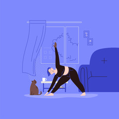 Flat and line character illustration of a person practicing yoga with a home interior on the background. Staying home on the quarantine