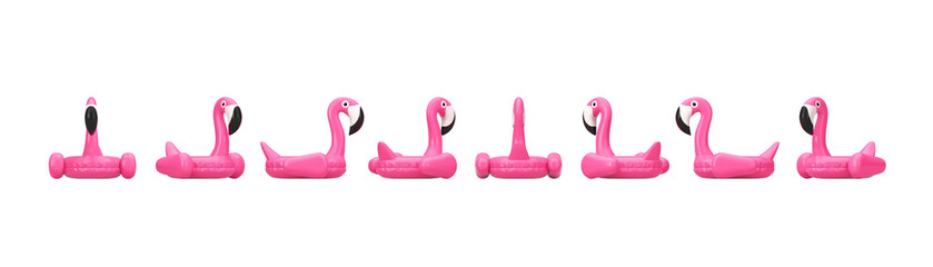  Set of Summer Swimming Pool Inflantable Rubber Pink Flamingo Toy in Different Views. 3d Rendering