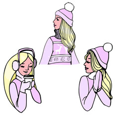 set of blonde girls in pink sweaters