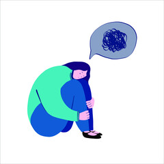 Flat vector illustration of depressed sad girl sitting in a closed pose, hugging her knees. The concept of support and care for people under stress. Psychology, depression, bad mood.