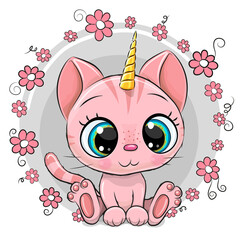 Obraz premium Kreskówka różowy kotek jednorożec z kwiatami