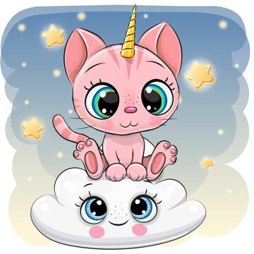 Cartoon Kitty Unicorn is lying a on the Cloud