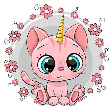 Cartoon Pink Kitten Unicorn with flowers