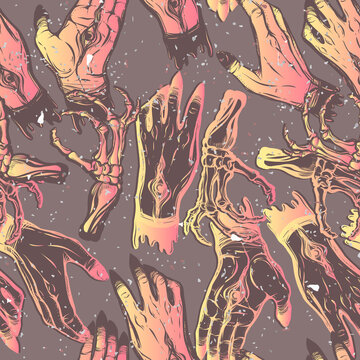 Vector illustration. hands with eyes, mysticism, prints on T-shirts, Handmade,seamless pattern,dark background, pink yellow color