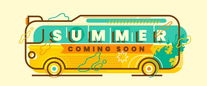 Retro style summer banner design in color with illustrated bus and various abstract elements. Vector illustration.