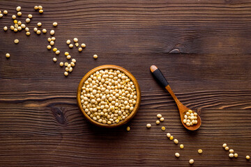 soybeans in bowl on wooden background from above