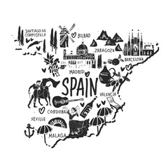 Handdrawn map of Spain black and white on white background with the architecture symbols and lettering hand drawn on white background for tourist guide and posters. Cute cartoon vector illustration