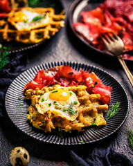Herzhafte Waffeln mit Lachs und Wachteleiern