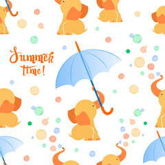 Cartoon elephants, parasols umbrella. Vector background, pattern. Funny baby elephant with soap bubbles.