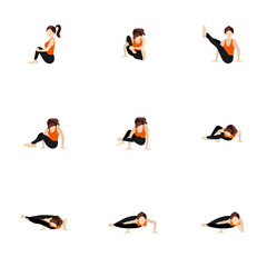 Eight angle pose sequence yoga asanas set/ Stylized woman practicing astavakrasana variations 