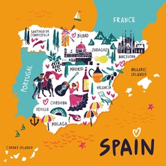 Fototapeta na wymiar Decorative tourist map of Spain with sights, architecture, city names. Symbols for tourist guides, souvenirs, promos. Banner concept for travel and trip fo European country. Flat vector illustration.