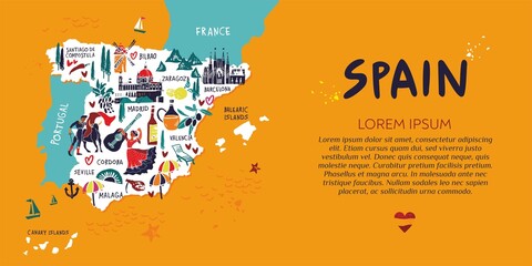Landing page template of a travel site about trip to Spain. Decorative tourist map of country with sights, architecture, city names. Symbols for tourist guides, souvenirs, promos. Vector illustration