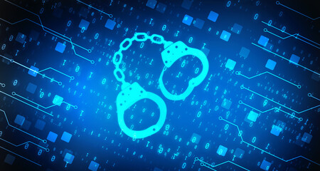2d illustration Cyber Security concept: pixelated handcuffs icon on digital background, Cyber crime concept
    