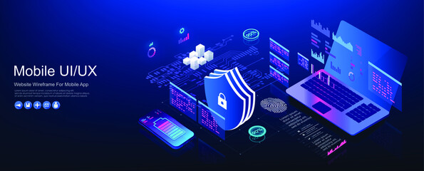 Concept banner of security preservation and protection personal data on the Internet. Protective cyber security code. Futuristic laptop with data protection. Vector illustration