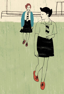 Schoolgirl being followed by another girl