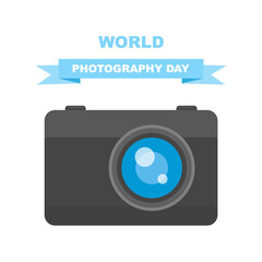 World photography day with the camera. Cartoon illustration.