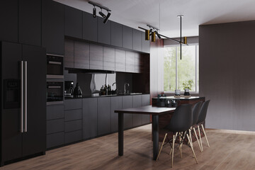 Modern dark kitchen and dinning room interior with furniture and kitchenware, grey, black and dark wood kitchen interior background, luxury kitchen, 3d rendering - obrazy, fototapety, plakaty