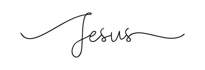 Jesus. Christian, bible, religious, churh word. Lettering typography script poster, banner vector design. Jesus with ichthys - fish. Hand drawn modern vector cursive calligraphy text - Jesus.