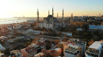 Fototapeta premium Evening aerial panorama of Istanbul overlooking Blue Mosque.
