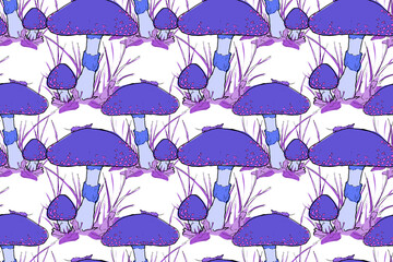 Fototapeta na wymiar Neon blue mushroom seamless pattern. Vivid magic amanita illustration for print design, fabric, textile, wallpaper, wrapping paper.