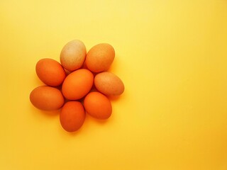 Chicken yellow eggs on a bright yellow background. Space for text.