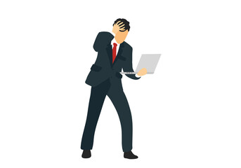 Desperate businessman with laptop in his hands on new technology for business, finance, investment and connectivity. Standing and full-length