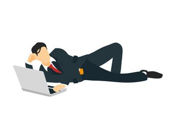 businessman relaxed and lying on the floor with laptop in his hands on new technology for business, finance, investment and connectivity. Standing and full-length
