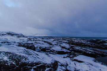 Winter view of the shore of the Arctic Ocean. General view of the day on the shore of the Arctic Ocean.